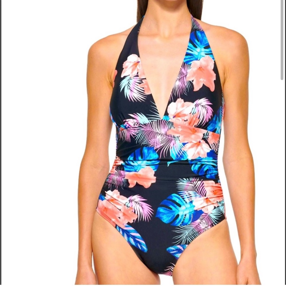 DKNY Tropical Floral One Piece Swimsuit in Black/Pink Sizes XL NWOT